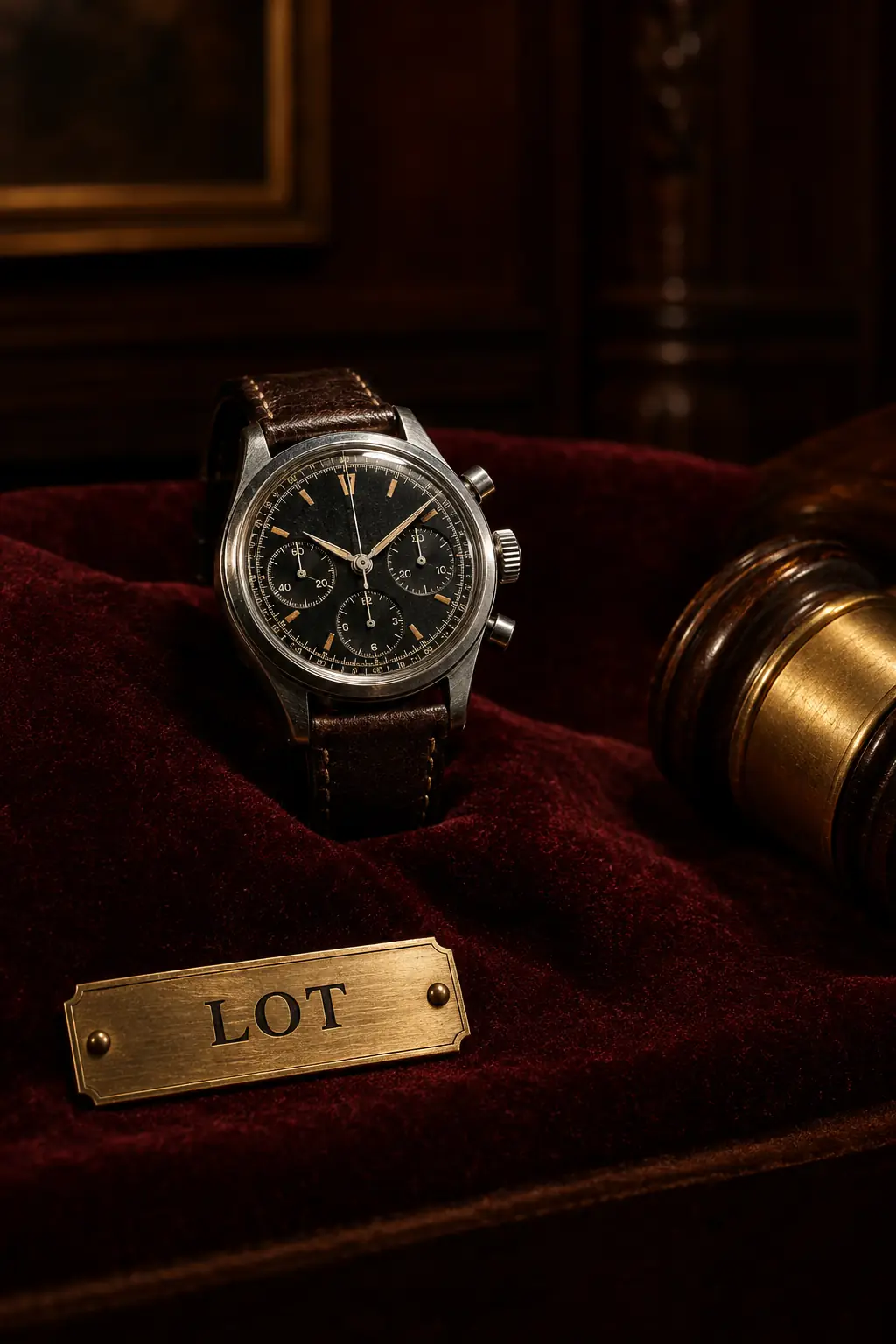 A vintage chronograph and brass gavel on burgundy velvet at an auction house