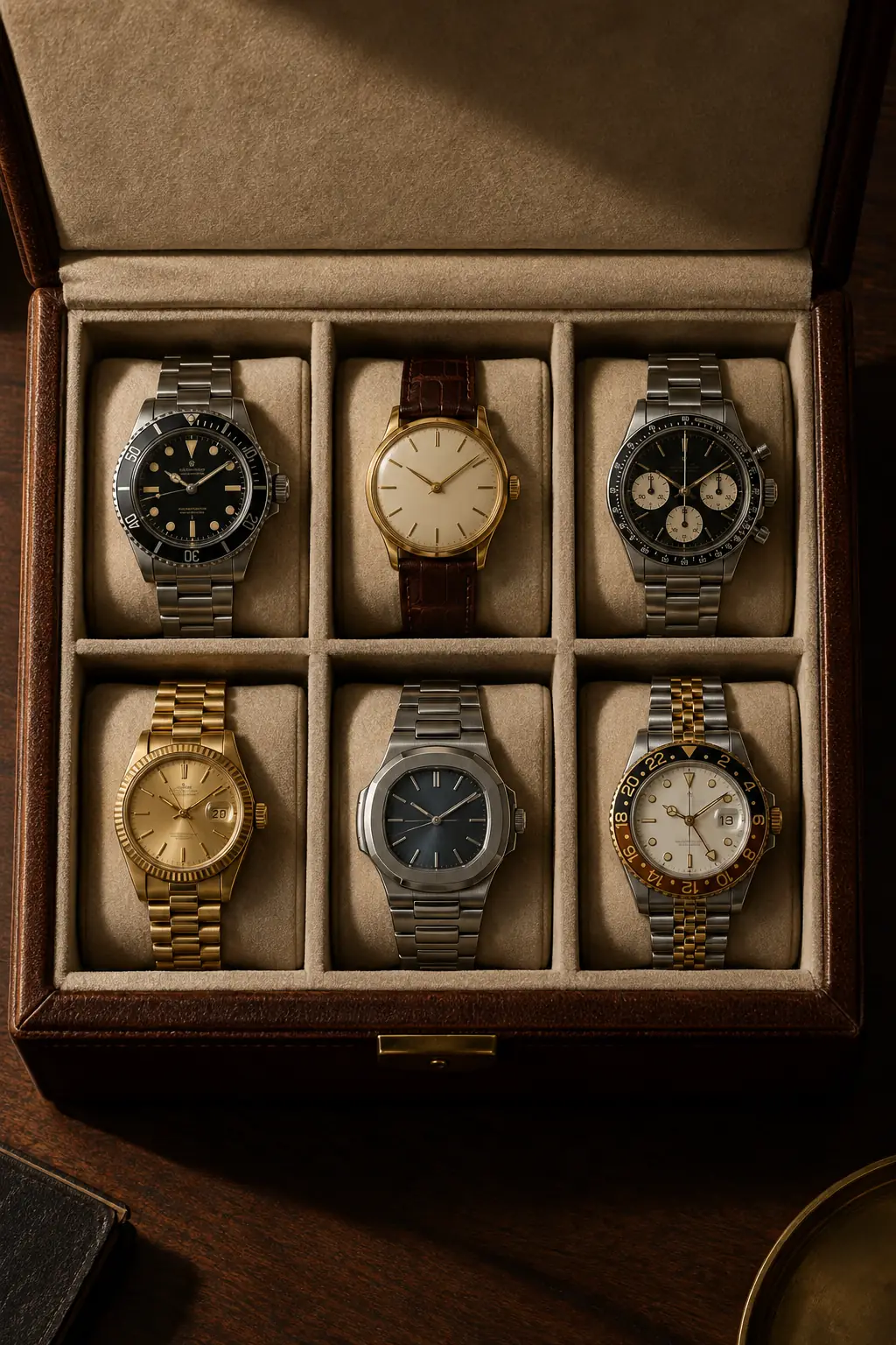 A collection of watches in a leather box