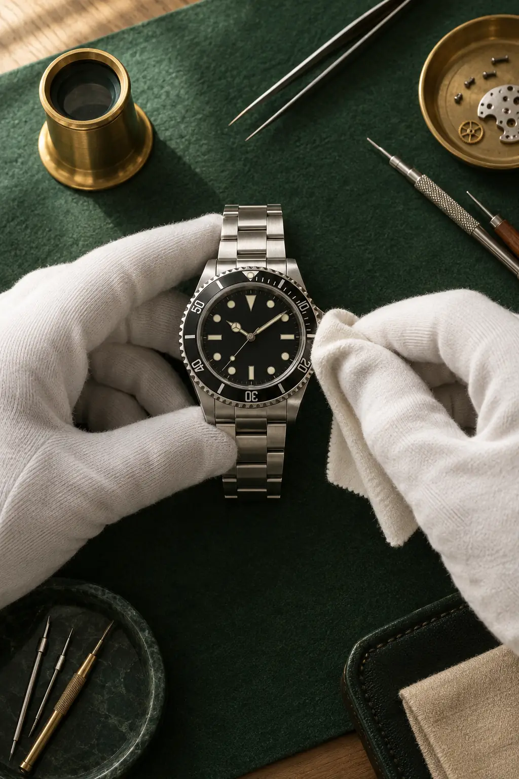 A watchmaker's white-gloved hands cleaning a dive watch on a green felt bench