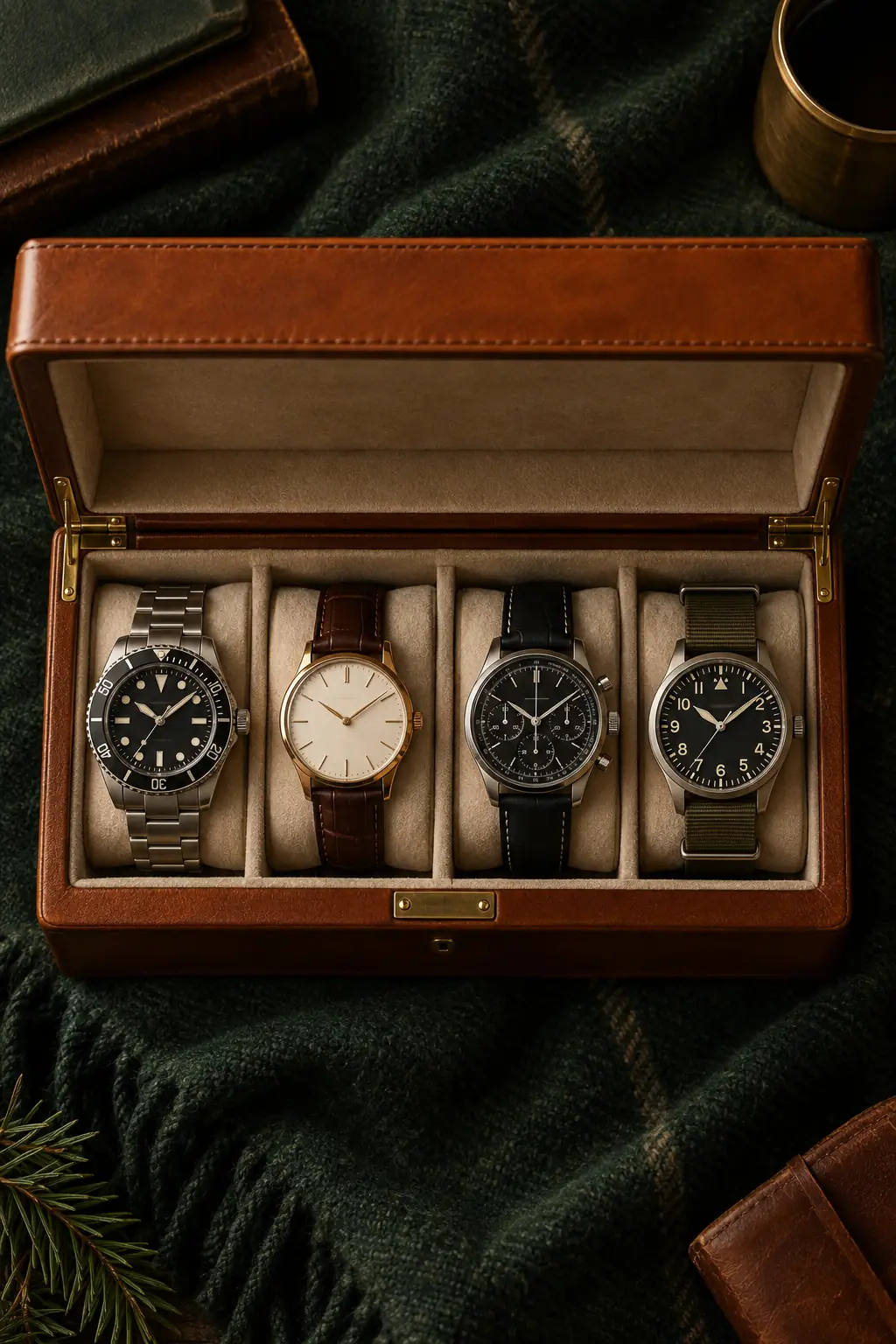 An open cognac leather watch box with four luxury watches on green wool
