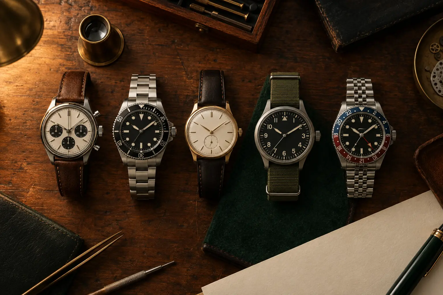 A curated row of vintage and modern watches on a watchmaker's workbench