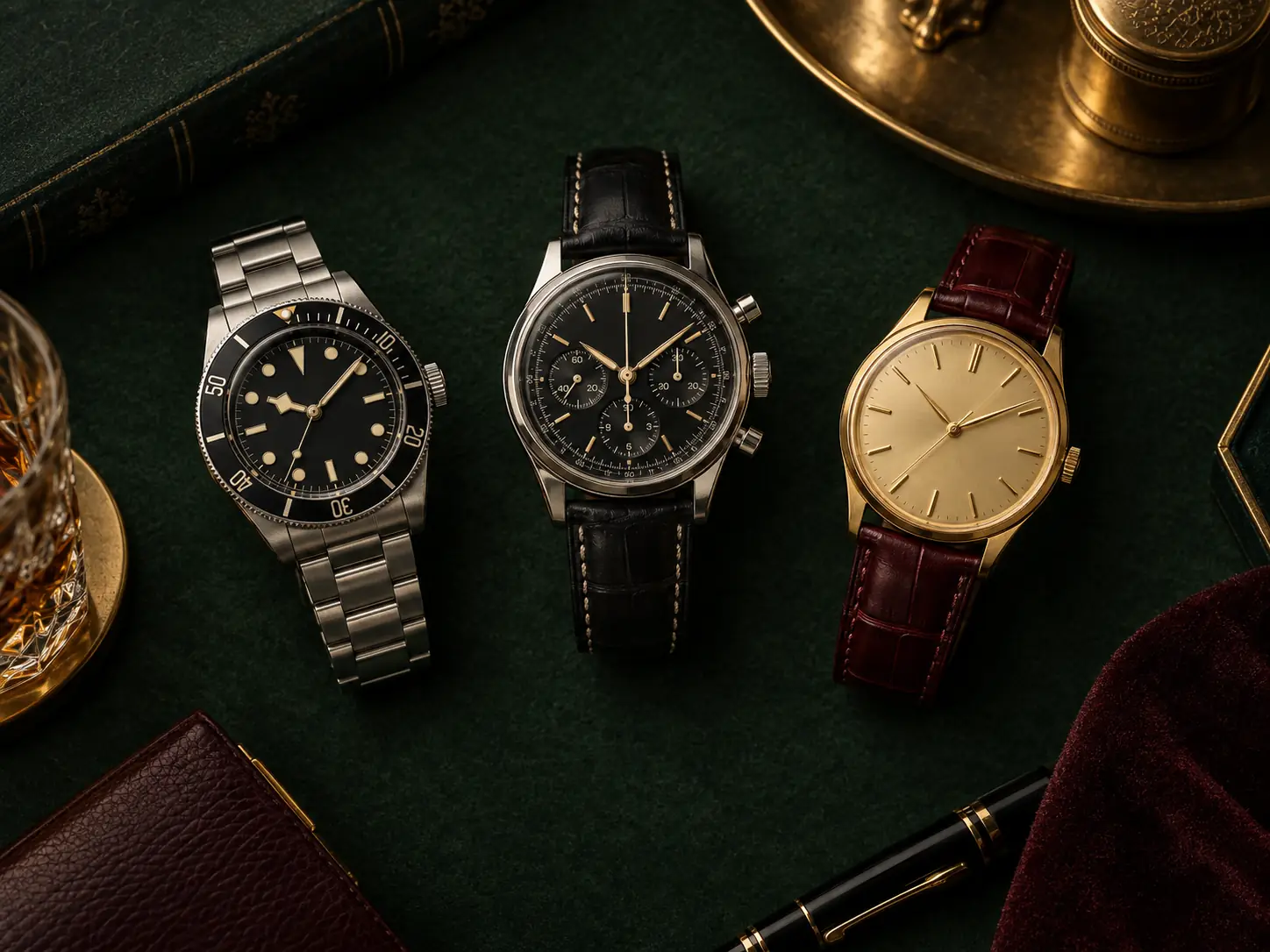 A curated arrangement of three luxury watches