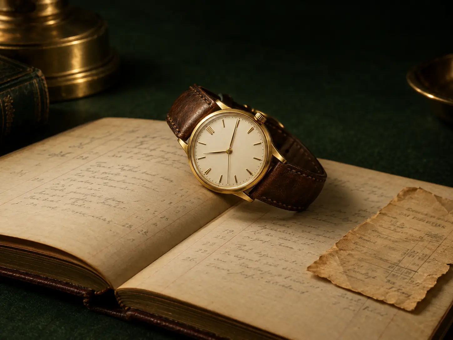 A vintage watch resting on a leather-bound ledger with historical receipts