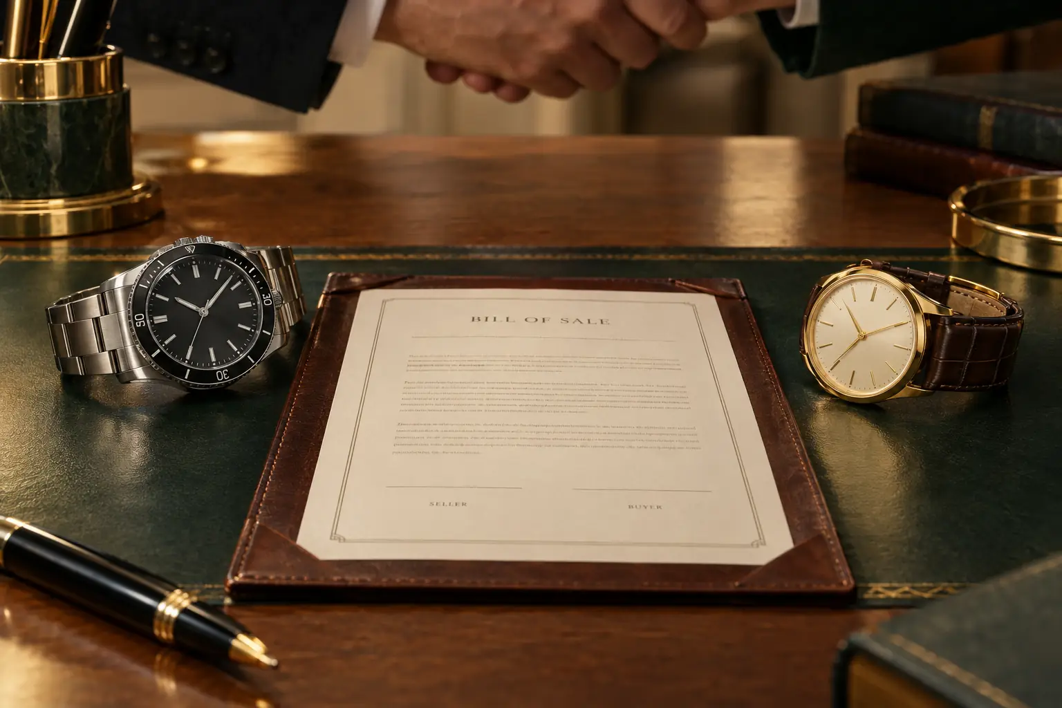 Two luxury watches and a bill of sale on a desk with a handshake in the background